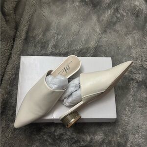 Velvet Cream Pointed Toe Mules with Gold Accent Heel